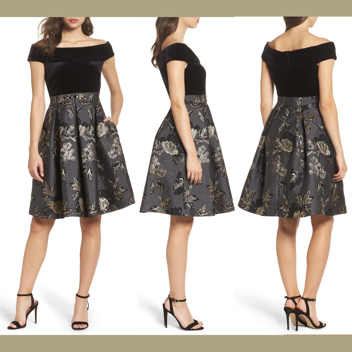 NWT Eliza J Off the Shoulder Velvet Metallic Dress Black/Grey/Gold