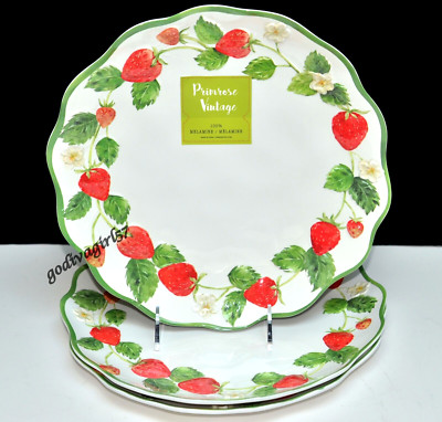 Primrose Vintage Strawberry * 3 MELAMINE DINNER PLATES * 11'', Scalloped, NEW