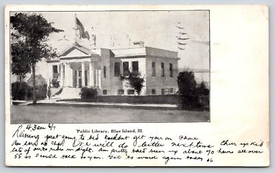Blue Island Illinois~Carnegie Public Library~Four Columns B&W~1907 Postcard