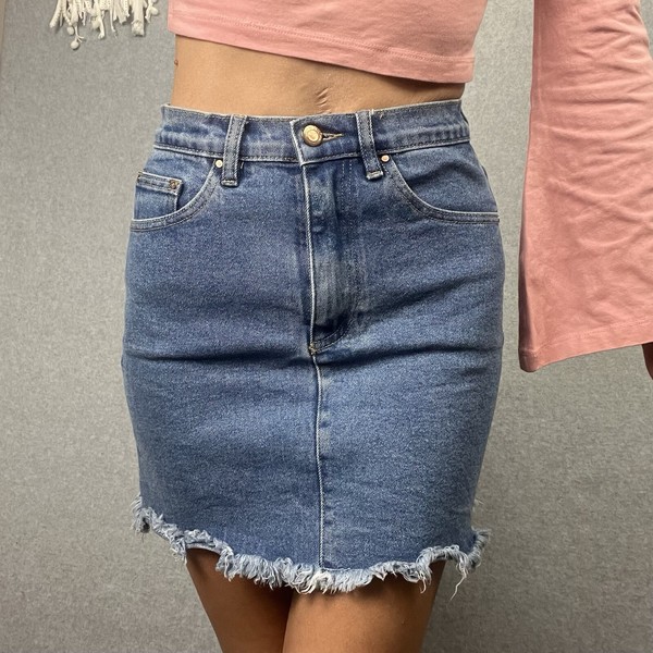 Used Denim Mini Skirt Womens 8 S Blue Pencil High Waisted Short Frayed Festival