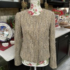 Talbots Tweed Blazer Gold Tan Brown Long Sleeve Full Zip Jacket Lined Size 2 New