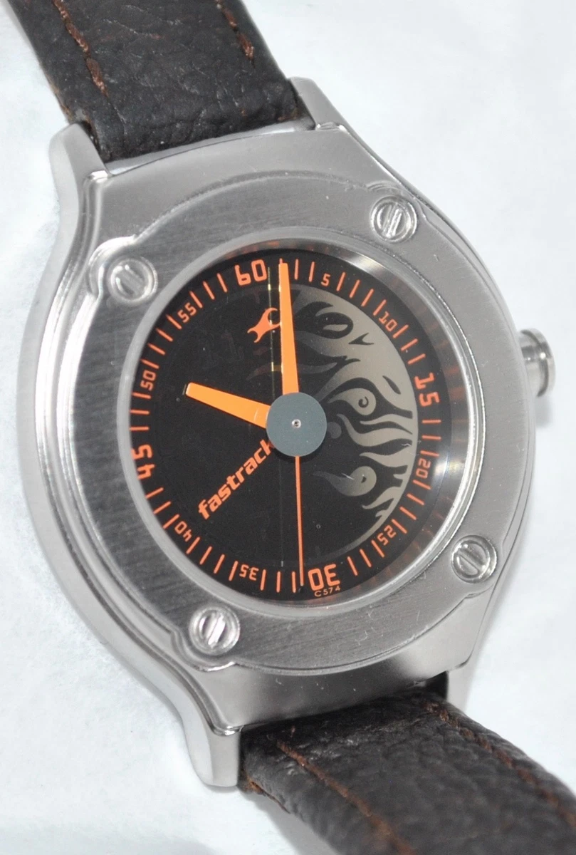 Fastrack by Titan Retro Watch Black Silver Flame Fire Dial Brown