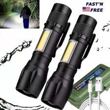 2× Super Bright LED Tactical Flashlight Zoomable USB Rechargeable Lamp 3 Modes