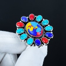 Mosaico Diaspro,Corallo Rosso & Lapislazzuli Gemma Anello,925 Anello Argento