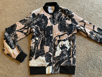 ZARA Floral Print Bomber Jacket Womens Size Small Full Zip Black