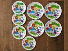 Vintage Child's Red Riding Hood Tin Tea Set Lot 8 Pieces Saucers Plates NICE 