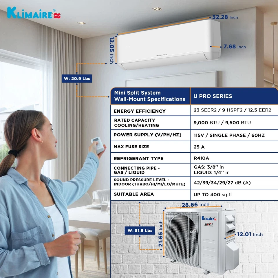Klimaire 9,000 BTU 23 SEER2 Ductless Mini-Split Heat Pump Air Conditioner 400 sq - Image 4 of 4