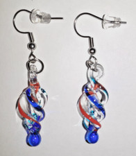 Glass Patriotic Tornado Twirl Fashion Dangle Earrings-Red Blue Clear Swirl
