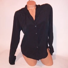 Notations Womens Button Down Shirt Small Solid Black Long Sleeve