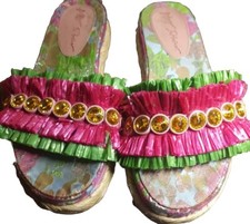 Betsey Johnson Hawaiian Pink Green Sandal Yellow Crystal Platform Flip Flop sz 9
