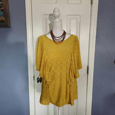 NWOT DEPT222 M Mustard Yellow Eyelet Flutter Sleeve Western Coastal Gma Blouse