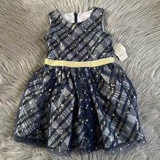 Wonder Nation Holiday Party Dress Girls Size 5 Blue Plaid Stars Sleeveless Tutu
