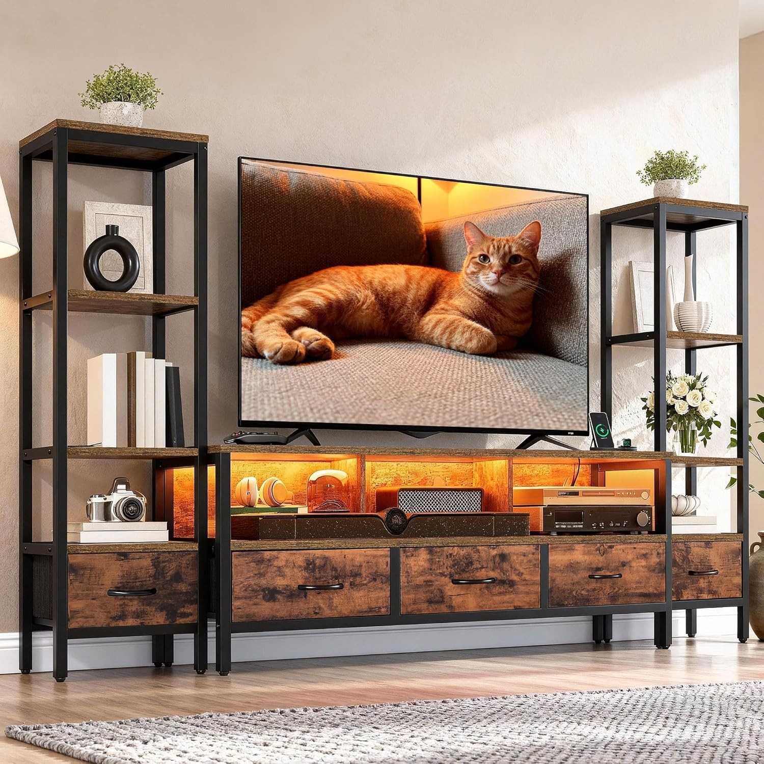  Entertainment Center with Bookshelves, LED TV Stand for 65/60 inch TV, Retro TV