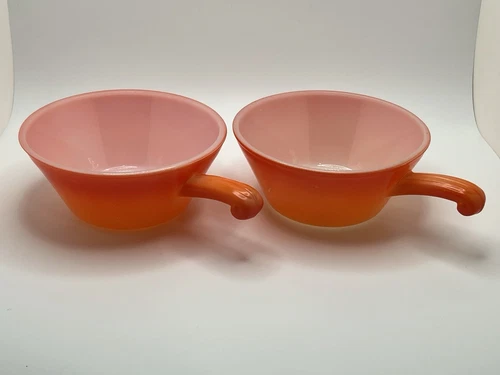 2 Vintage Fire King Flame Orange 10 oz Handled Soup Cups/Bowls