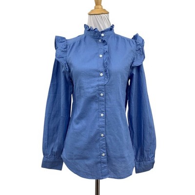 H&M Blouse Womens XS Extra Small Blue Ruffle Shoulders Linen Blend Buttoned Cuff