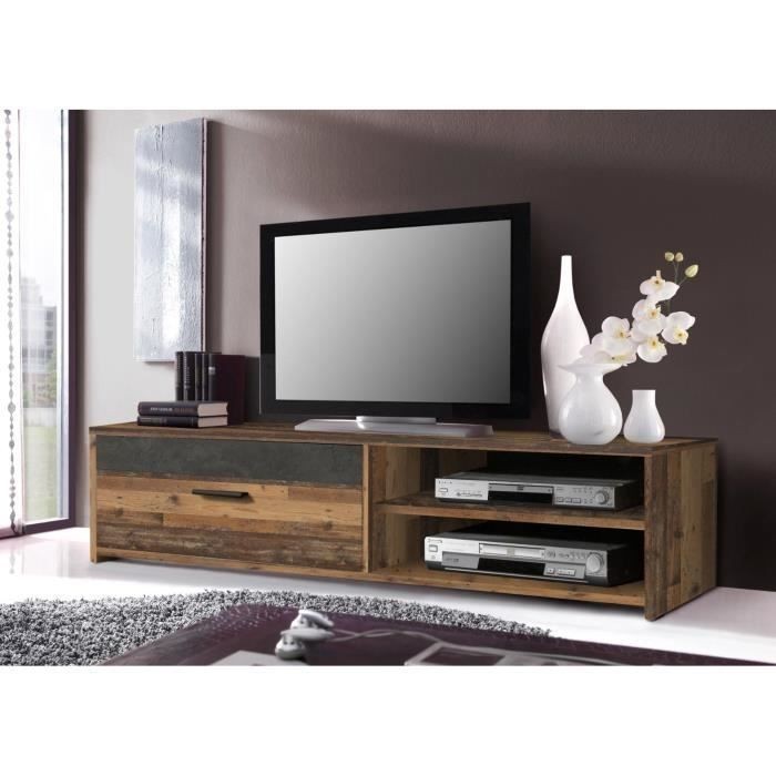 PACO Meuble TV 1 tiroir 2 niches - Décor vieux bois et béton gris foncé - L 1...