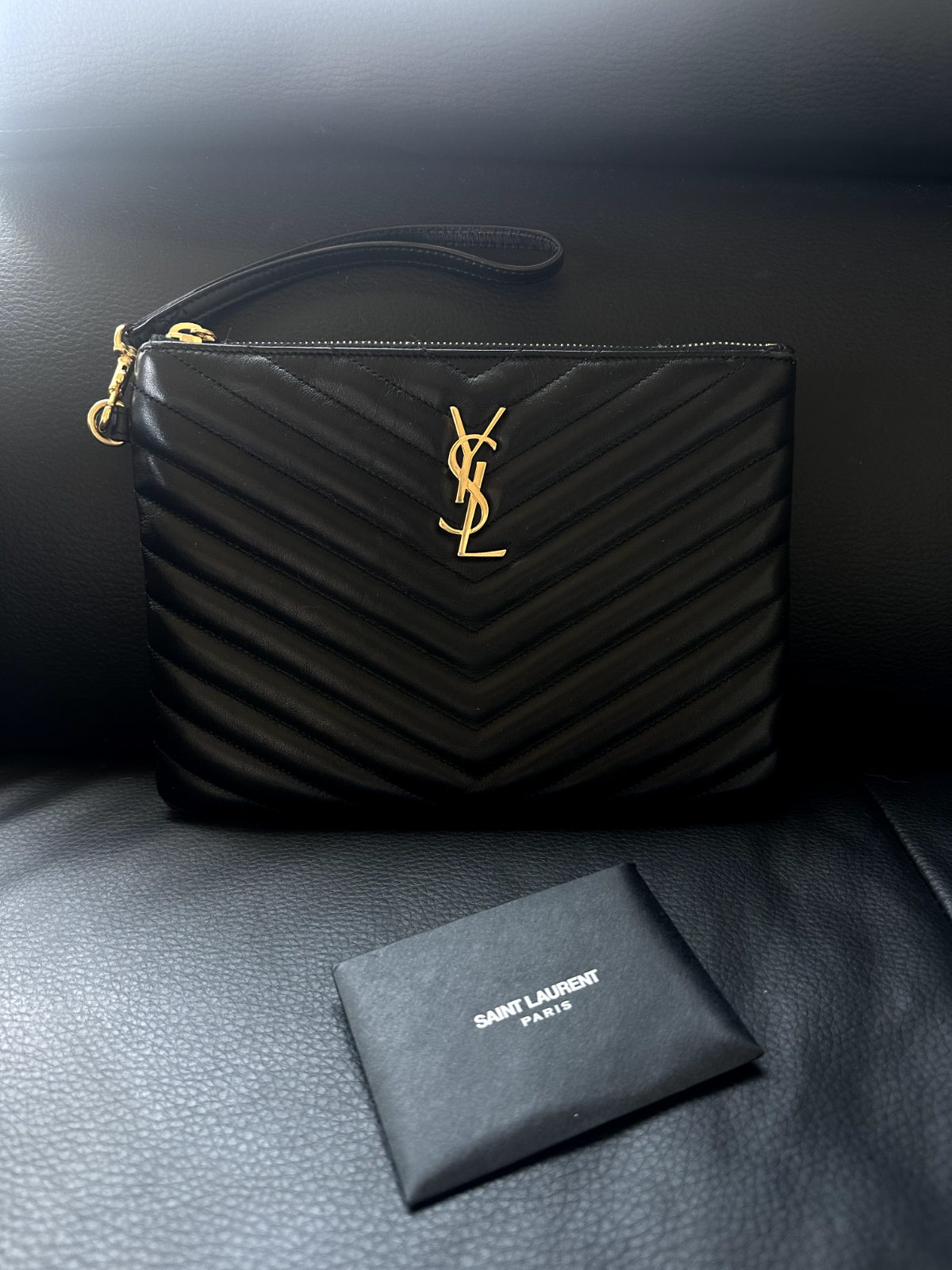 YSL Saint Laurent Borsa a tracolla in pelle nera pochette scatola AUTENTICA!