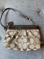 Authentic Coach Signature Jacquard Small Wristlet Brown Canvas Leather Trim