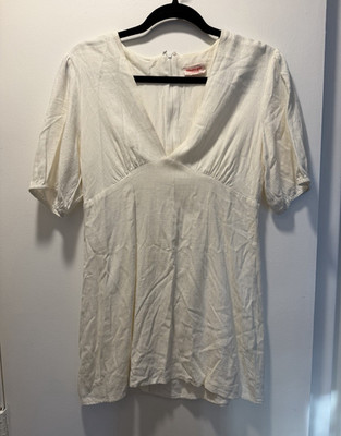 Showpo US 8 White Linen Cotton Short Sleeve Mini Dress V-Neck 