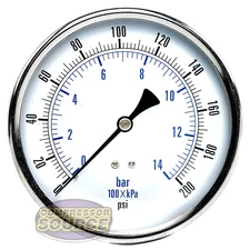 Compressed Air Pressure Gauge 200 PSI 1/4" MNPT Back Mount Mount 4.5" Face