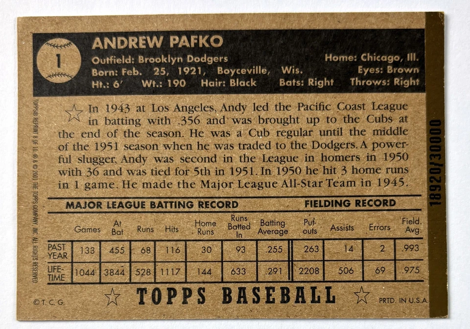 Andy Pafko 2001 Topps #1 50 años 1952 reimpresión 8 de 10 autógrafo Wrigley Field Foto 3 de 3