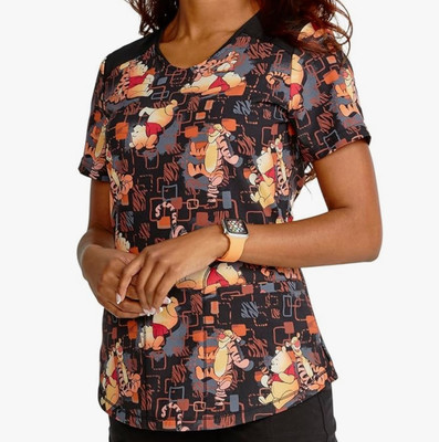 Tooniforms Disney's Winnie the Pooh Tumble Around Women's 2-Pocket Scrub Top XS