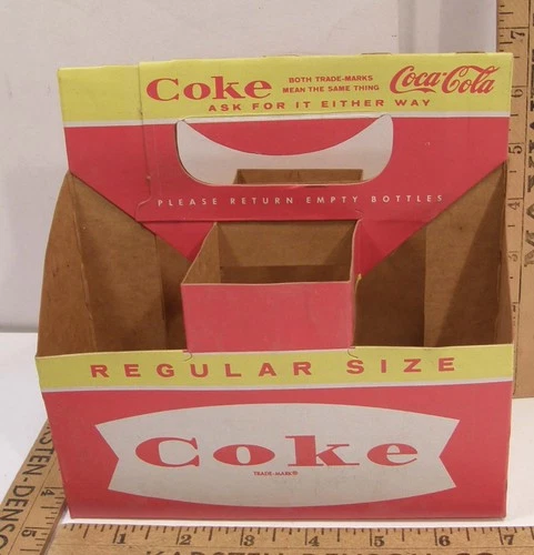 6-4-$100.00 VINTAGE 1960'S 6 PACK COCA COLA COKE FISHTAIL LOGO CARDBOARD CARRIER