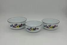Nice! Set Of 3 Vintage GMI Enamel Nesting, Serving Mixing Bowls Pansies Flower