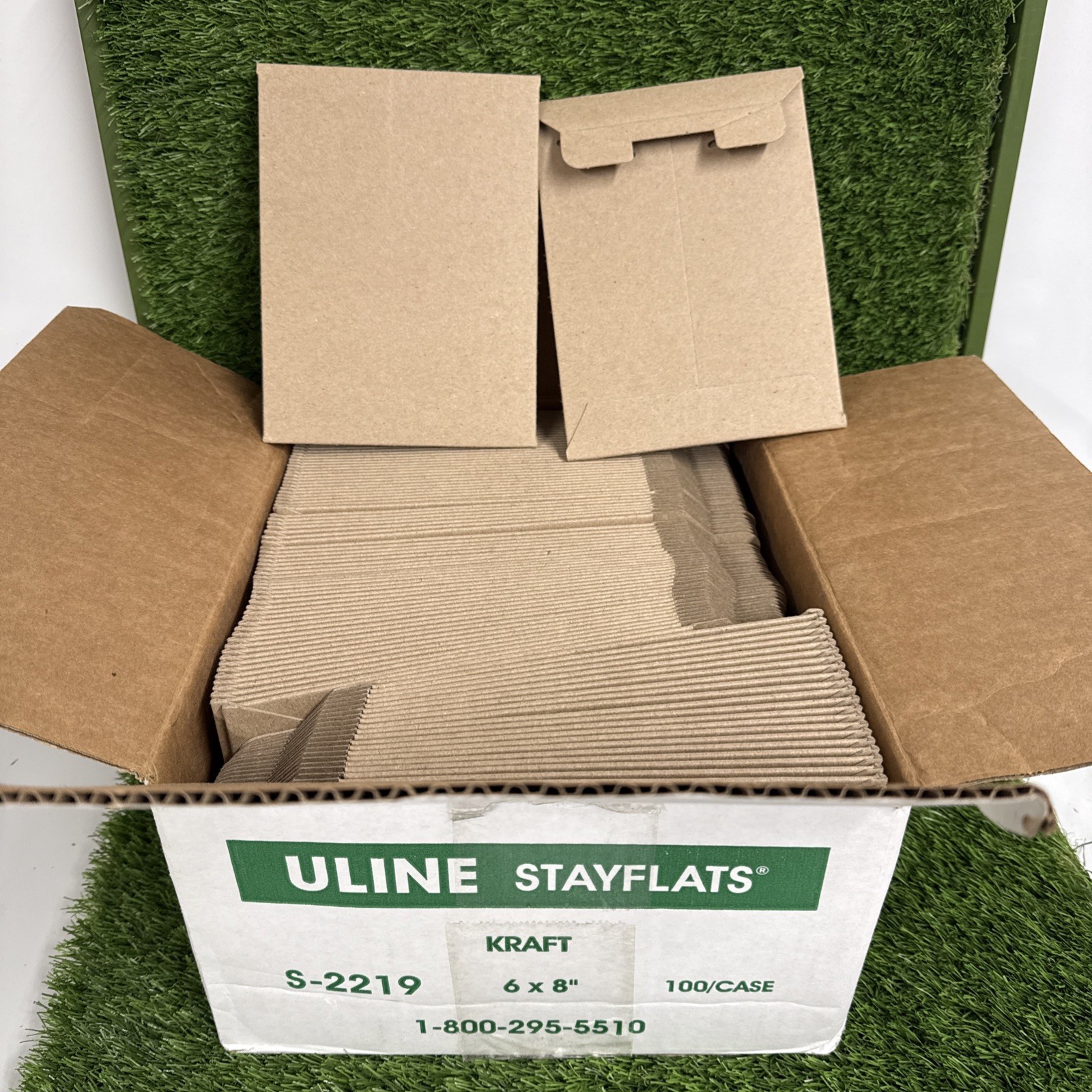 100- PACK Uline S- 2219 Kraft Tab Locking Stayflats  #1 - 6 x 8"