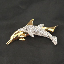 Swarovski Crystal Dolphin Brooch Pin, Crystal Accented Gold Tone