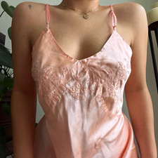 Pink Silk Satin 1930s Floral Pattern Embroidered Slip