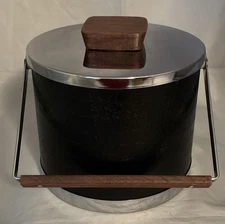 Vintage Atapco Ice Bucket Black Faux Alligator Chrome Mid Century Modern Barware