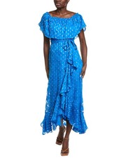 Maison Tara Clip Chiffon With Foil Short Sleeve Midi Dress Women's Blue 14