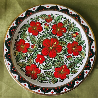 Handmade by Seva 24K Gold Trim Rhodes Greece Depastas Ceramics Red Floral Decora