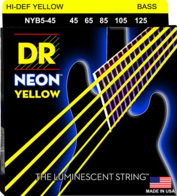 DR NYB5-45 Neon Yellow Bass Guitar Strings; 5-string set gauges 45-125