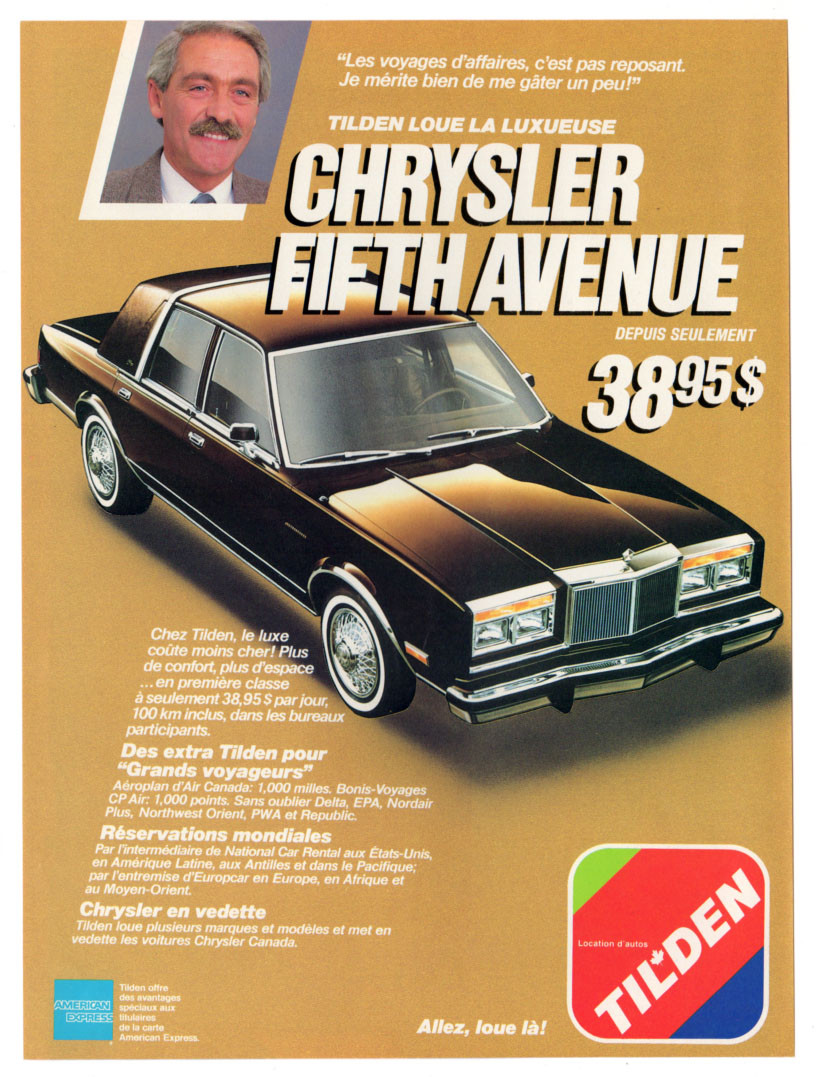 1986 CHRYSLER Fifth Avenue Vintage Original Print AD Tilden rent a
