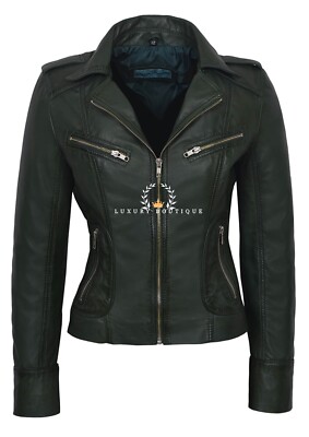 Damen Lederjacke grün Mode Biker Style 100% echtes Napa Lammleder Leder