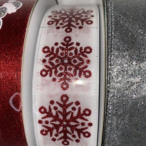 Members Mark Christmas Wired Ribbon Red White And Silver, Snowflakes Red 4 Rolls - Picture 4 of 11