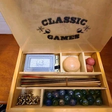 Vtg Classic Game Set New 7 Groups Of Items Plays 100s Of Games Wood Box Mint