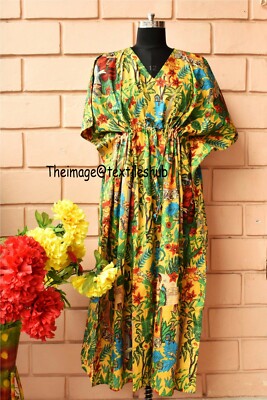 Damen Indian Frida Khalo Kaftan Kleid Strand Kleidung Übergröße Gelb Maxi