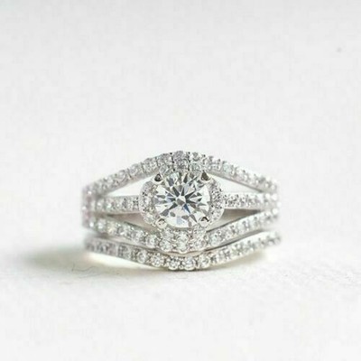 14K White Gold 1.15Ct Lab-Created Diamond Wedding Engagement Bride Band Ring Set