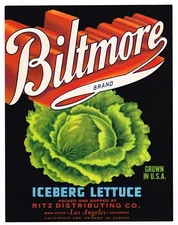 ORIGINAL CRATE LABEL 7x9 1950S BILTMORE RITZ LOS ANGELES AND ARIZONA LETTUCE
