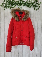 Abercrombie & Fitch Womens Size L Red Padded Puffer Jacket With Faux Fur Hood