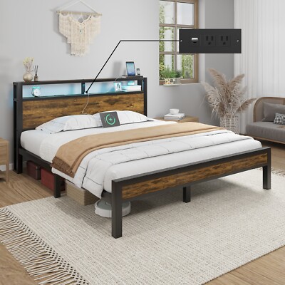 Full/Queen/King Size Metal Bed Frame Platform with 2-Tier Storage and LED lights