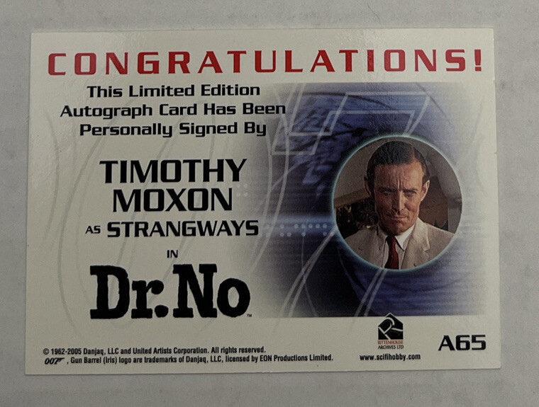 007 James Bond Autograph Card Timothy Moxon as Strangways Dr. No