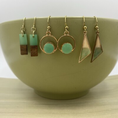 Wood and Resin Gold Tone Green Drop Dangle Earring Set 3 Pairs Gifts