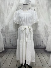 Alex Marie Size 16 White Eyelet Puff Sleeve Midi Dress Belted Cotton A-Line B13