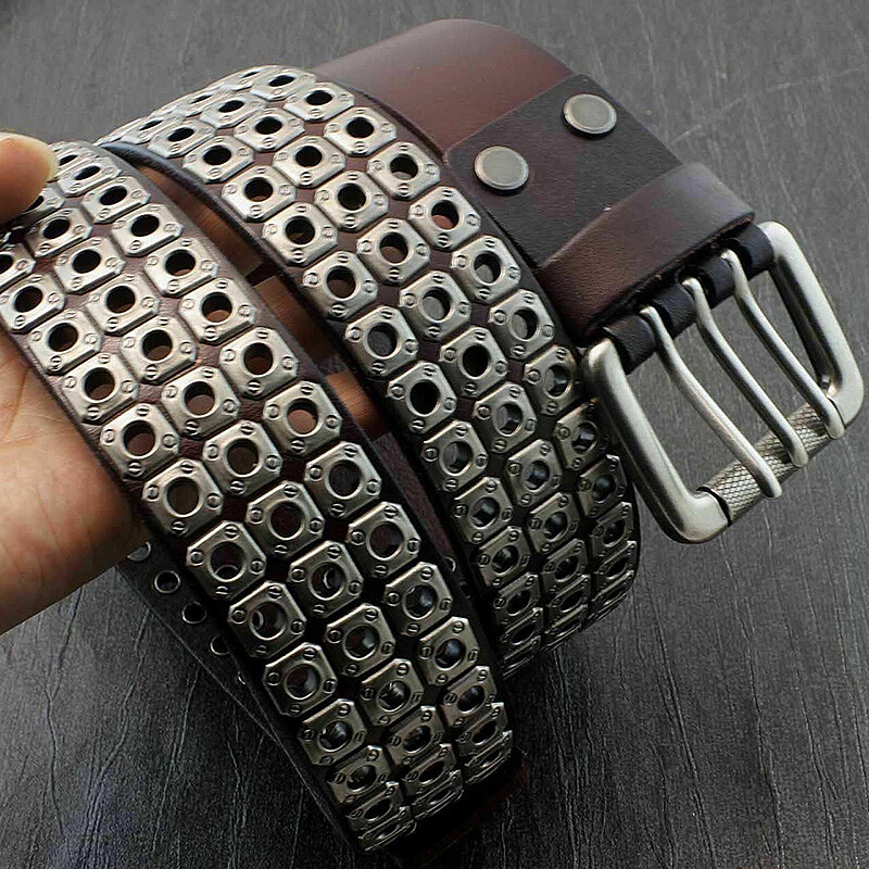 Men's Leather Rivet Belt Rock Studded Belt Three Hole Pin