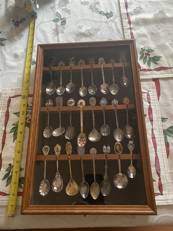 Vintage Souvenir Collector Spoons (24) With Glass Door Wooden Case