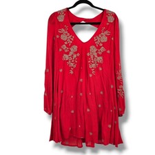 Free People Red Embroidered Boho V-Neck Cutout Back Mini Dress Long Sleeve Small